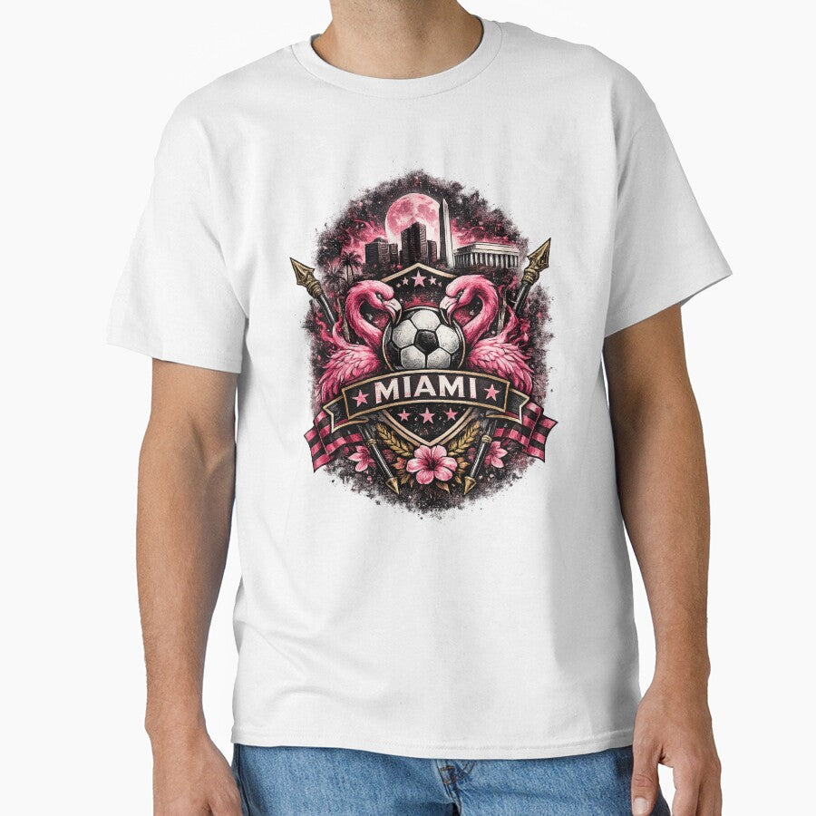 Miami Football Crest Design – Flamingo Soccer Artwork, Pink City Skyline Graphic, Miami Fan Apparel, USA Sports Crest Design by GarnerSupplyCo