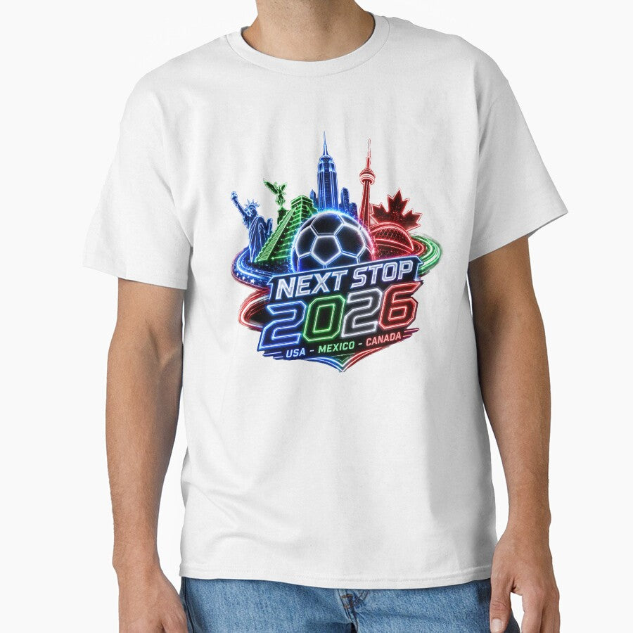 Next Stop 2026 USA Mexico Canada Neon Soccer Emblem by emaga