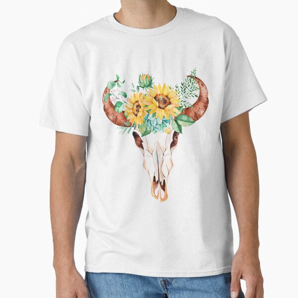 Sunflower bouquet, bull skull, sunflower skull, sunflowers, watercolor, painted sunflowers Classic T-Shirt