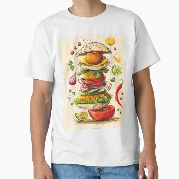 Towering Falafel Delight with Floating Spices and Vibrant Veggies in a Playful Culinary Whirl Classic T-Shirt