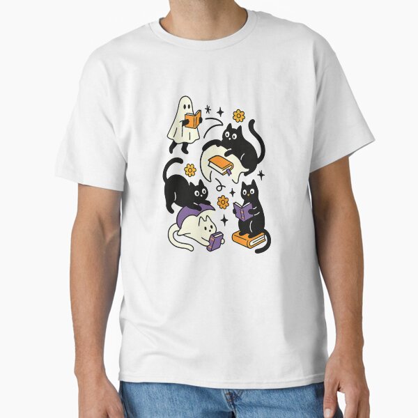 Cute Ghost Cat Reading Books Lover Bookish Halloween Spooky Classic T-Shirt