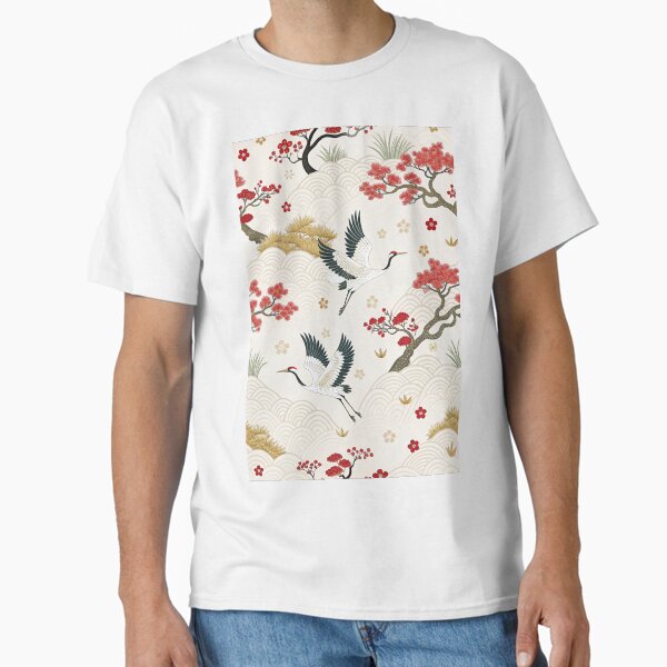 Elegant Japanese Cranes and Sakura on Light Background – Traditional Asian Art Classic T-Shirt