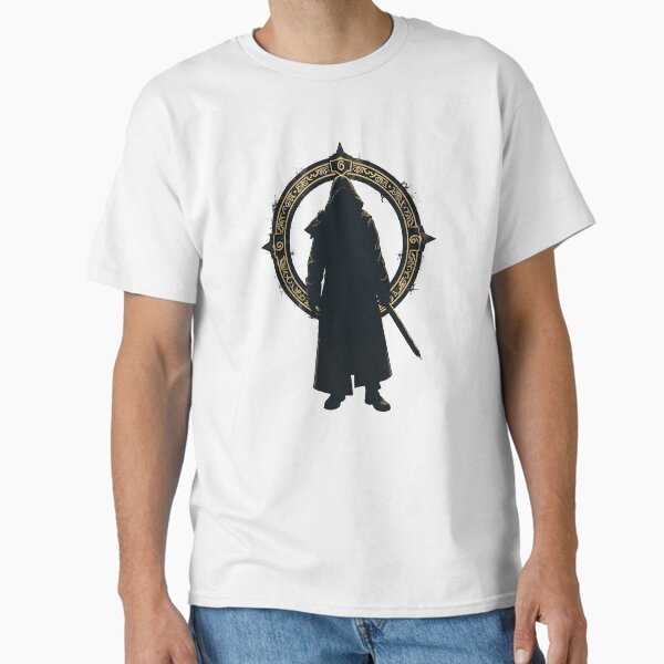 A mysterious wanderer stands silhouetted within a circular emblem of ancient runes Classic T-Shirt