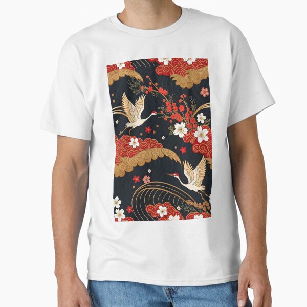 Japanese Cranes and Sakura – Dark Elegant Oriental Pattern Classic T-Shirt