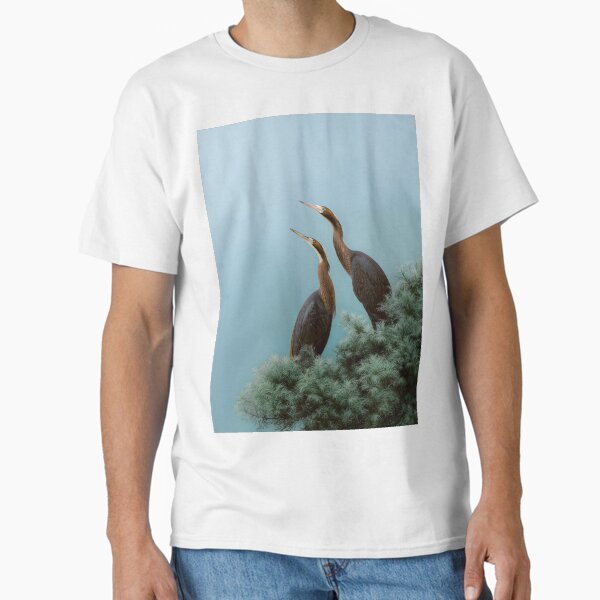 Blue Herons Print Japanese Bird Wall Art Wildlife Birds Sage Green Forest Painting japandi chinoiserie poster Classic T-Shirt
