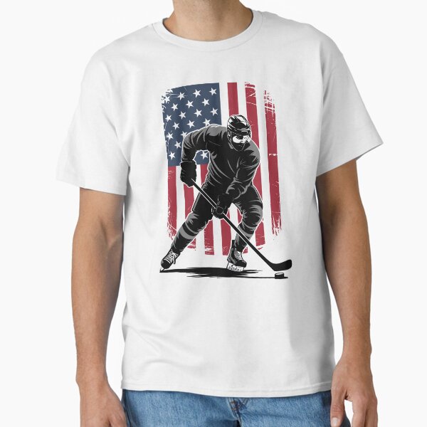 Patriotic American Ice Hockey Player with Distressed Flag Background Classic T-Shirt