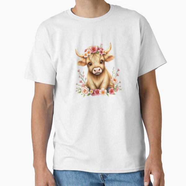 Adorable Baby Highland Cow Surrounded by Flowers Classic T-Shirt