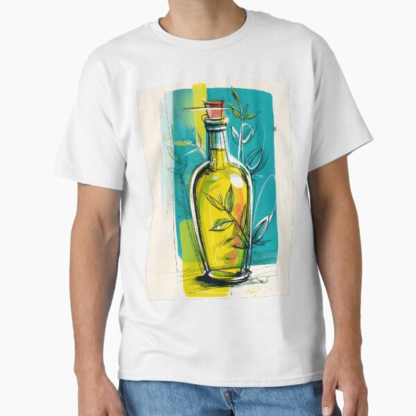 Abstract Olive Oil Bottle with Leaves - Bold Teal and Yellow Modern Kitchen Art Classic T-Shirt