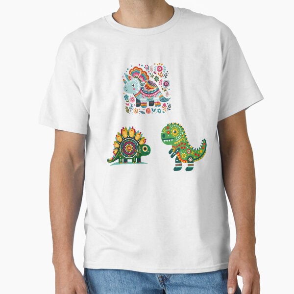 Three Cute Colourful Dinosaurs STICKER/MAGNET PACK - Scandinavian Folk Art by heidiannemorris © Classic T-Shirt