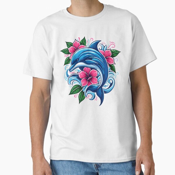 Abstract Blue Dolphin with Pink Flowers Classic T-Shirt