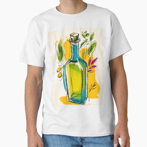 Olive Oil Bottle Surrounded by Olives and Leaves - Vibrant Kitchen Art for Food Lovers Classic T-Shirt