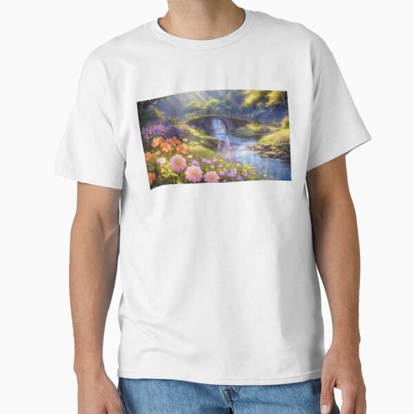 Colorful Fantasy Forest with River, Bridge, and Blooming Flowers in Sunlight Classic T-Shirt