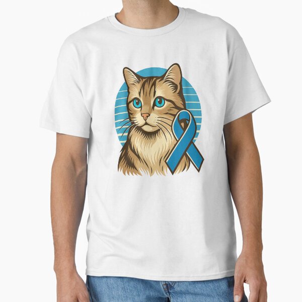 Retro Cat with Blue Awareness Ribbon – Support & Love Symbol Classic T-Shirt