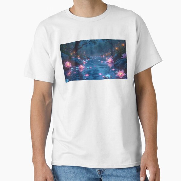 Glowing Pink Lotus Flowers Floating Down a River in the Night Forest Classic T-Shirt