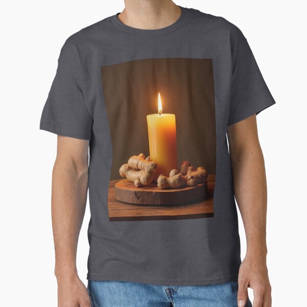 Burning candle with ginger on rustic board Classic T-Shirt