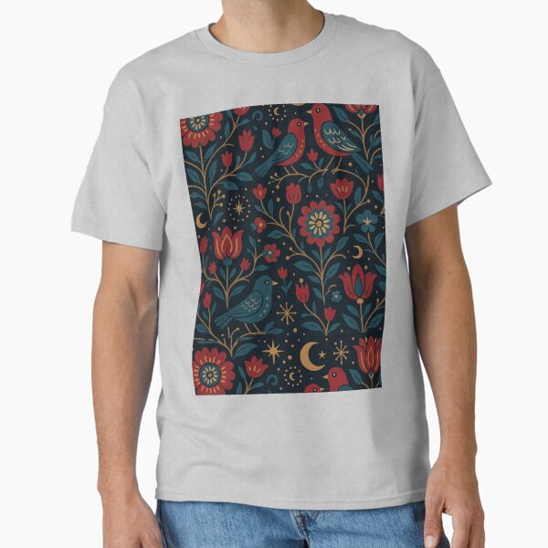 Celestial Folk Garden – Birds, Flowers, and Moons on Midnight Blue Classic T-Shirt