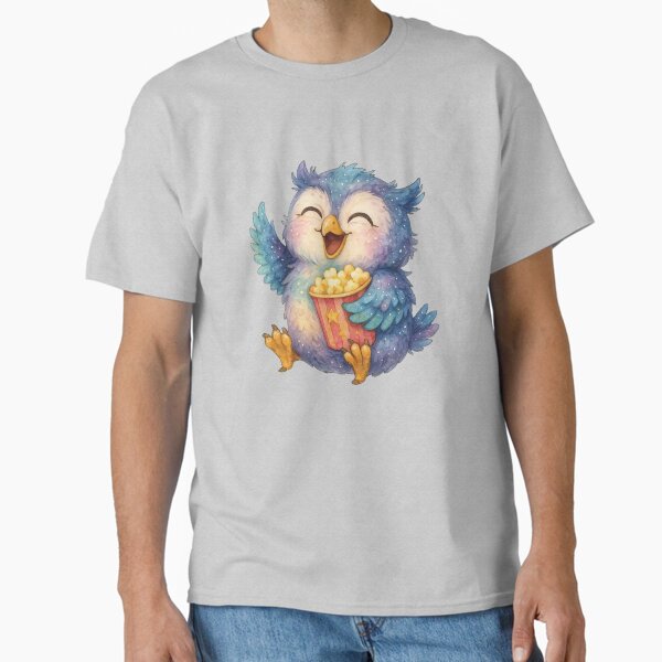 Happy Owl with Popcorn – Cute Movie Night Kawaii Sticker Classic T-Shirt