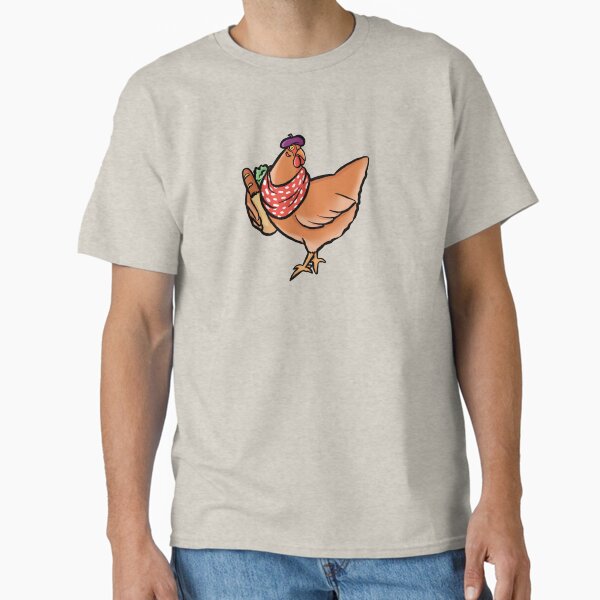 French Chicken Cartoon – Cute Grocery-Holding Chicken with Beret Silly Art Classic T-Shirt