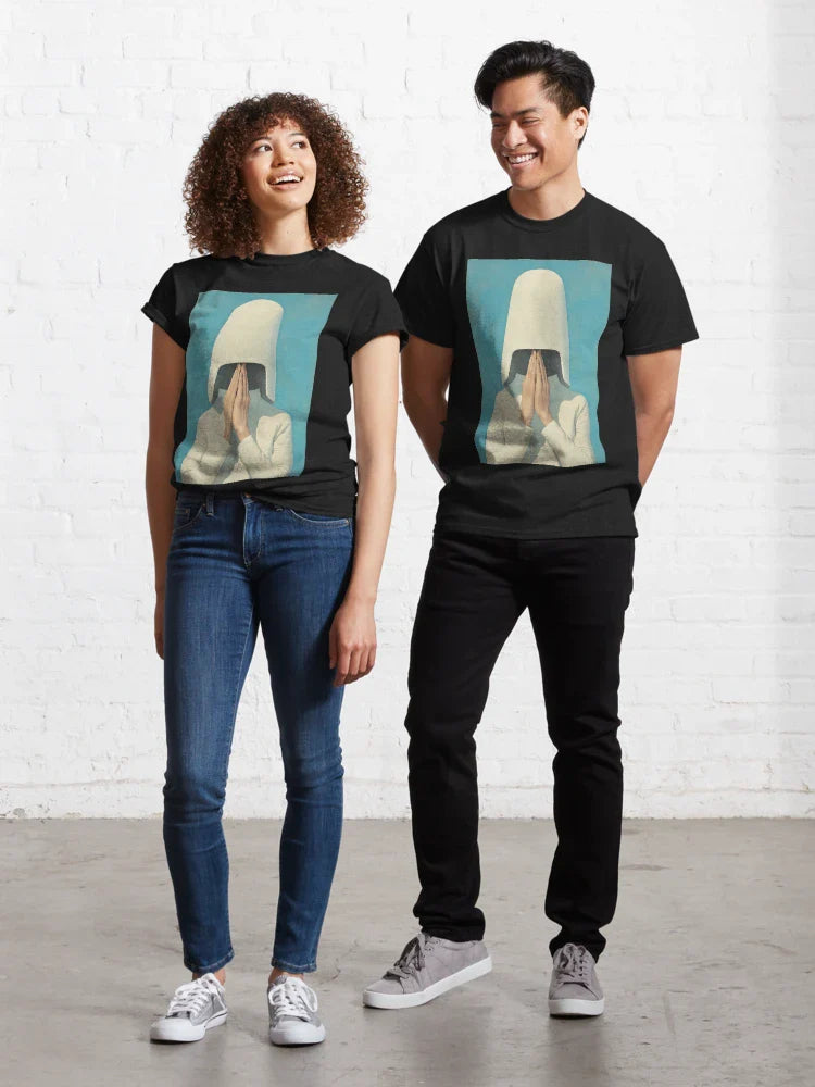Minimalist Prayer Portrait with Futuristic White Headpiece Classic T-Shirt