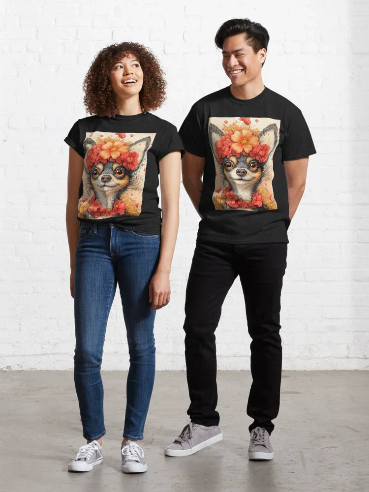 Animal Samurai Cheerful Chihuahua Flower Crown Autumn Blooms Classic T-Shirt