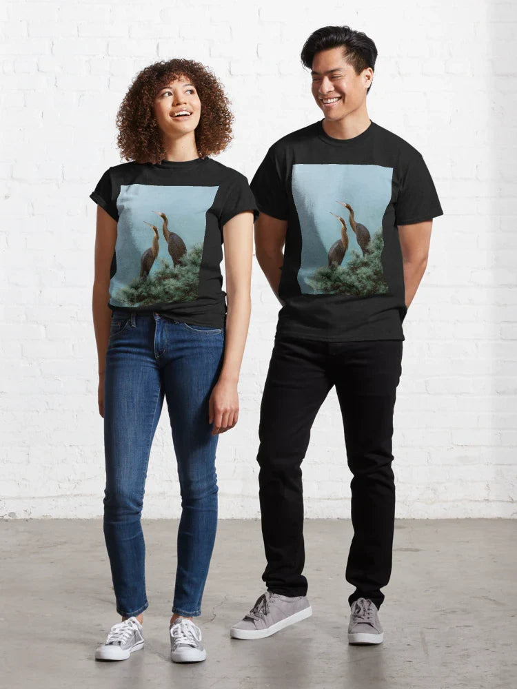 Blue Herons Print Japanese Bird Wall Art Wildlife Birds Sage Green Forest Painting japandi chinoiserie poster Classic T-Shirt