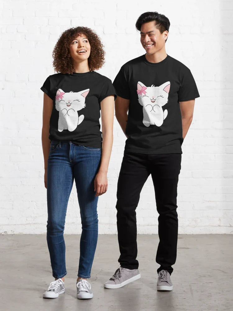 Kawaii White Cat with Pink Coquette Bow Classic T-Shirt