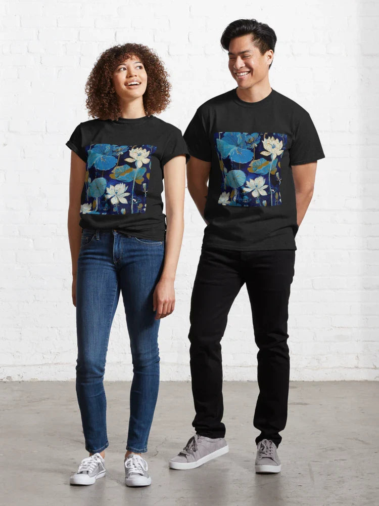 Lotus Flowers and Lily Pads in Cobalt Blue, Gold and White on Black (Seamless Patter) Classic T-Shirt