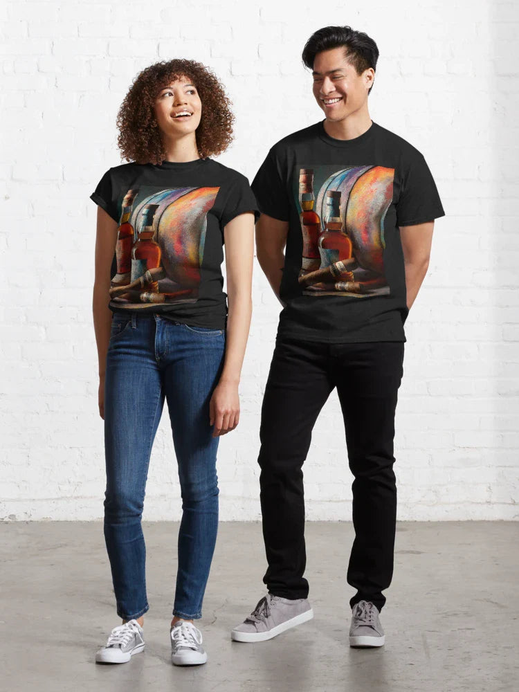 Whiskey Bottles and Cigars Beside Vividly Painted Barrel - Luxury and Indulgence in Rich Warm Hues Classic T-Shirt