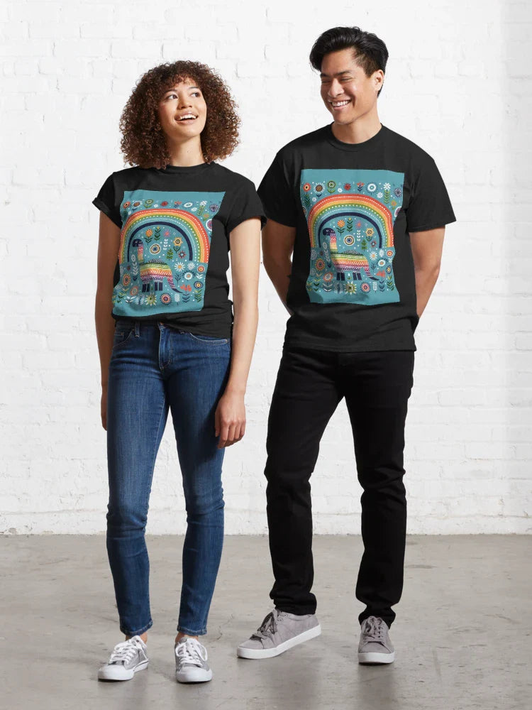 Cute Diplodocus Dinosaur with Rainbow and Flowers - Scandinavian Folk Art by heidiannemorris © Classic T-Shirt