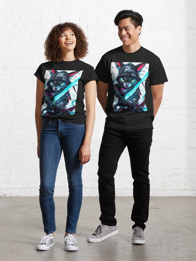 Japanese Samurai Animal Ninja Cat Blue Glowing Sword Electric Combat Stance Classic T-Shirt
