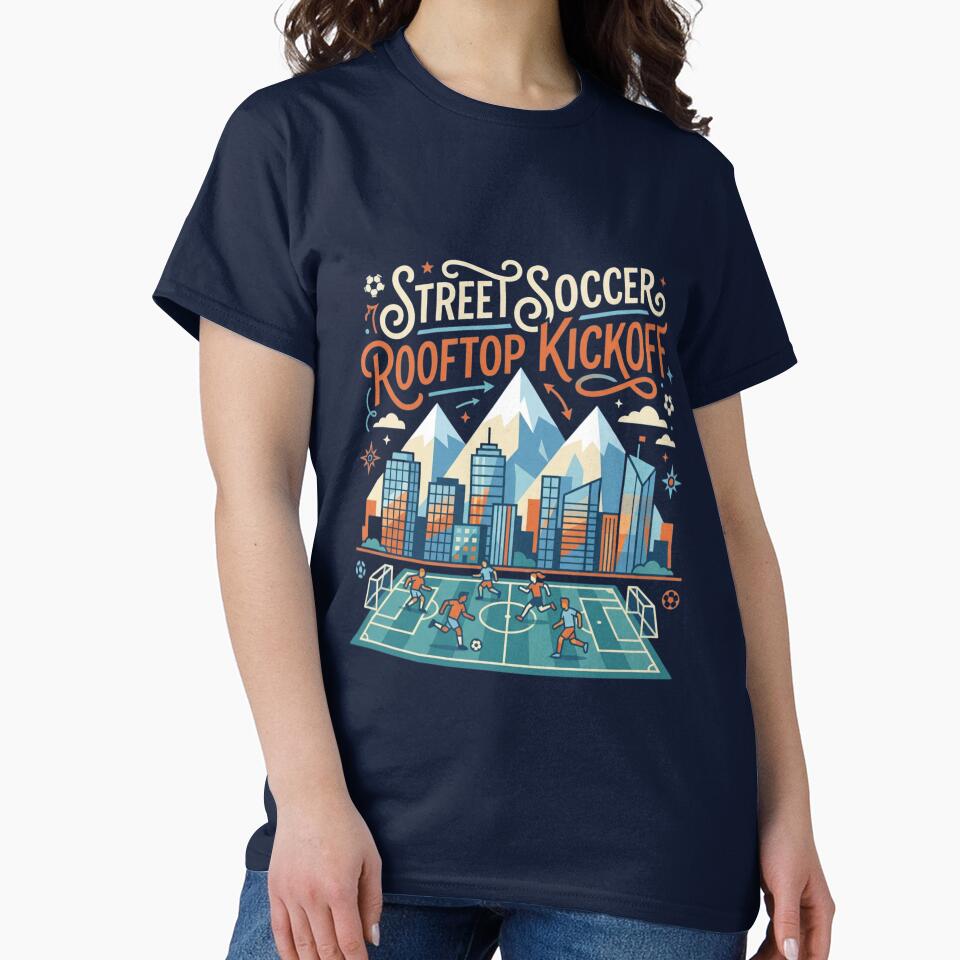 Street Soccer Rooftop Kickoff - Urban Mountain Cityscape Art by HappySproutArt