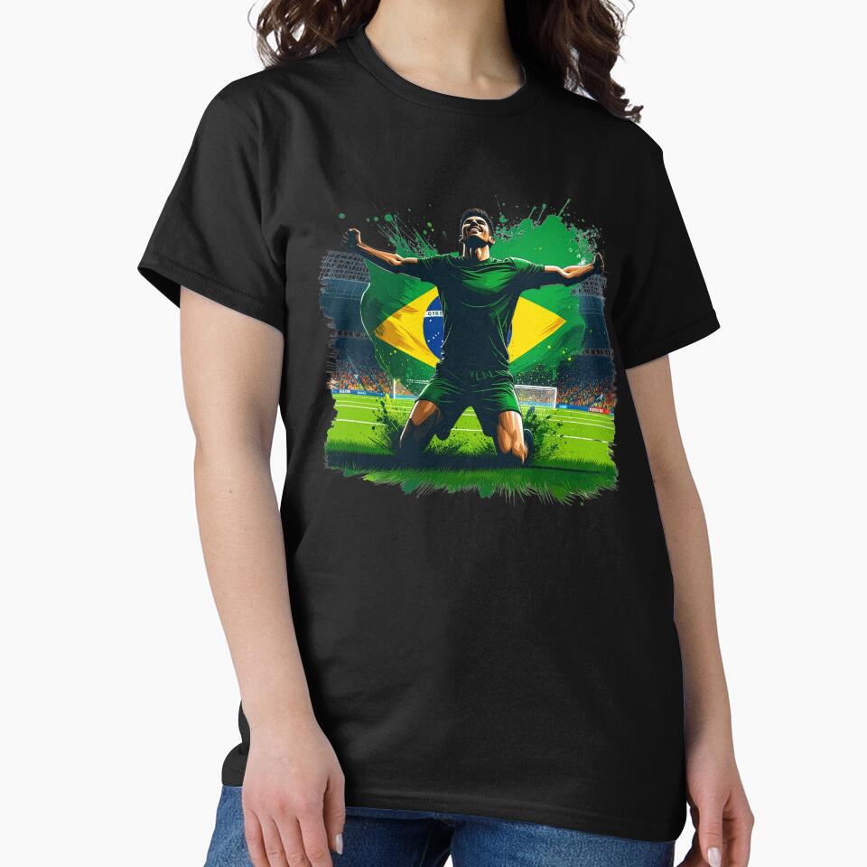 Brazil Soccer Player Celebration. Brazilian flag football fan kneeling goal celebration on the pitch. Brazil supporter design for soccer lovers, football fans, players and team spirit gifts. by icemanphotos