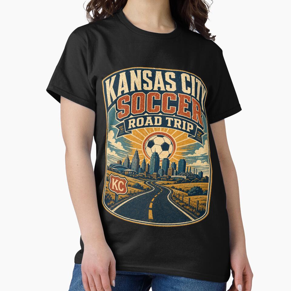 Kansas City Soccer Road Trip Retro Travel Shirt | Vintage Highway Skyline Football Fan Design by Globalcitytees