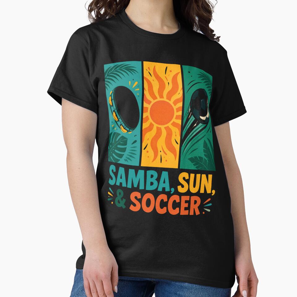SAMBA, SUN & SOCCER Brazil Football Fan Design | Brazilian Soccer Culture Tee by rebuZZ-Apparels-The Minimalistic Buzz