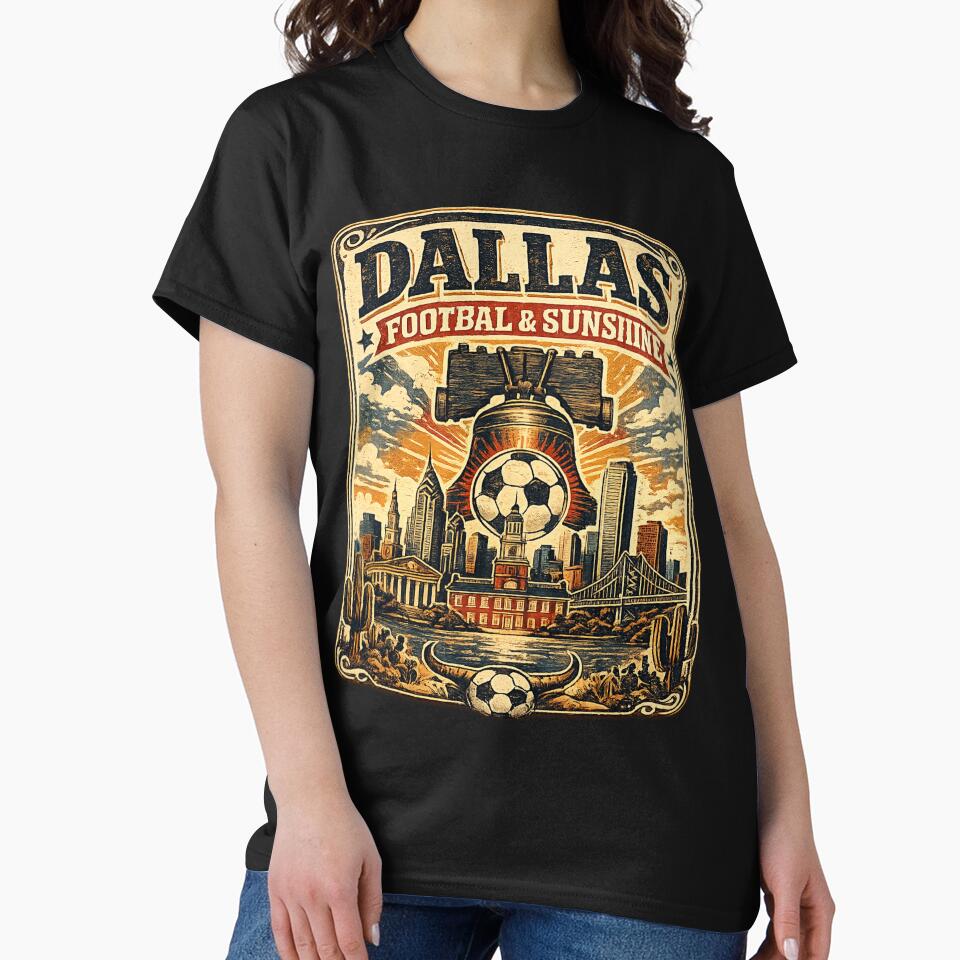 Dallas Football & Sunshine Retro Soccer Travel Shirt | Texas Sunset Skyline Match Day Fan Design by Globalcitytees
