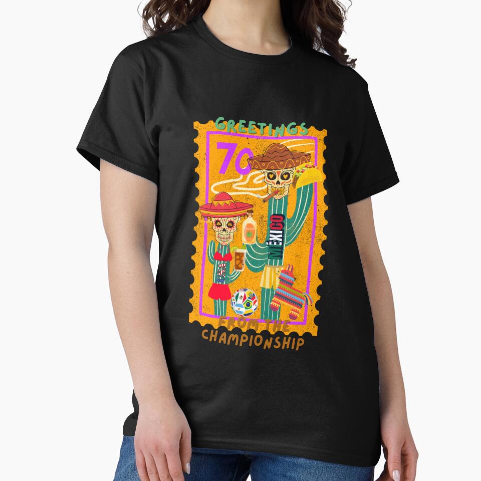 Greetings From 70s Mexico Retro Soccer Fan Skeleton Vintage Travel Style Tee by PMDesignStudio
