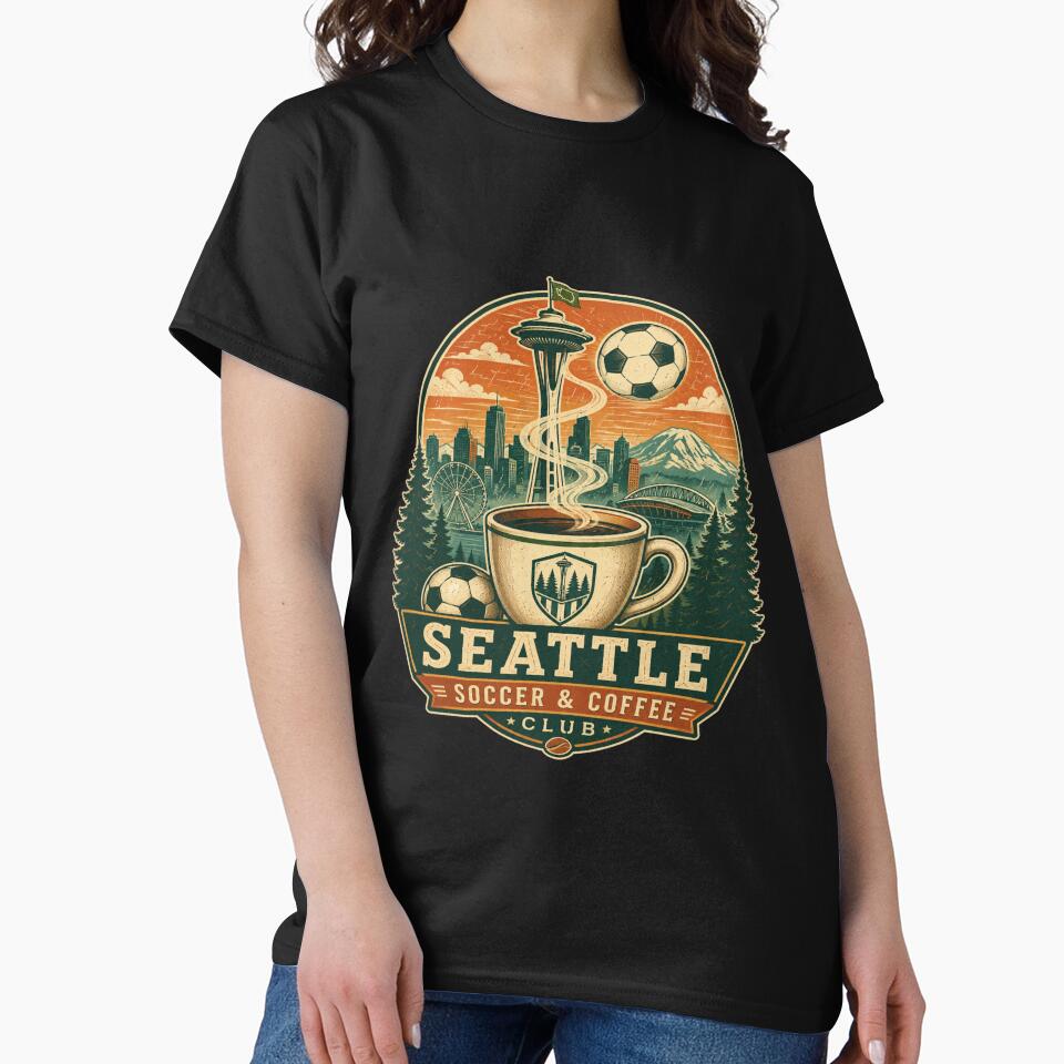 Seattle Soccer & Coffee Club Retro Travel Shirt | Space Needle Coffee Soccer Ball Seattle by Globalcitytees