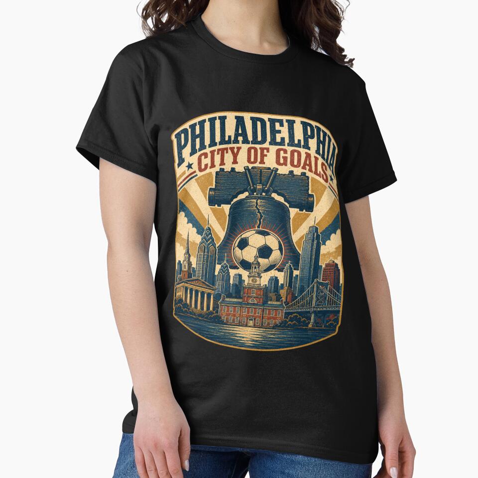 Philadelphia City of Goals Retro Soccer Travel Shirt | Liberty Bell Skyline Vintage Americana Philadelphia Fan Design by Globalcitytees