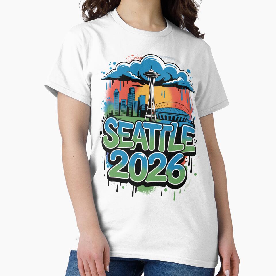 Seattle 2026  Space Needle Stadium Skyline T-Shirt V8 by DarylWelsh2024