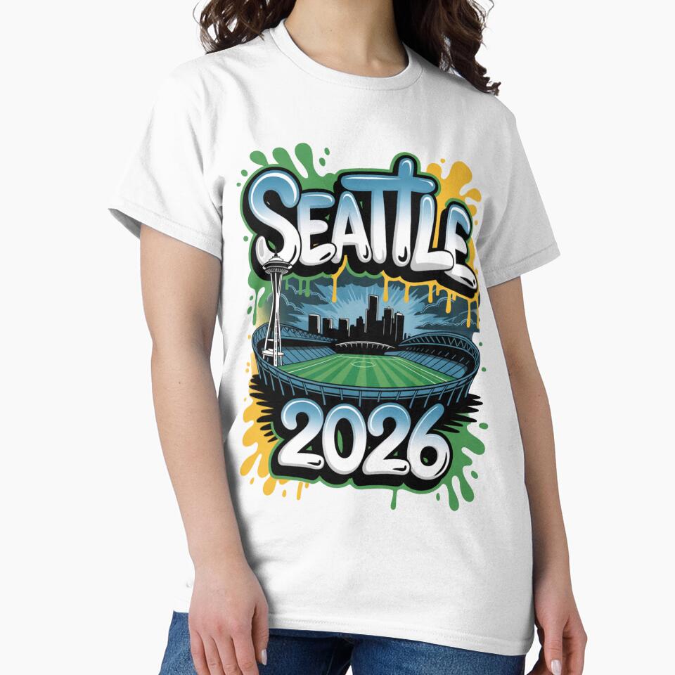 Seattle 2026  Space Needle Stadium Skyline T-Shirt V7 by DarylWelsh2024
