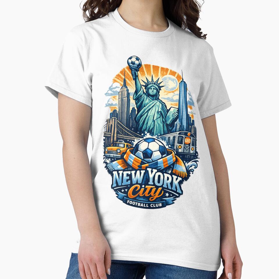 New York City Football Design Statue of Liberty Soccer Fan Art NYC Skyline Shirt USA Sports Graphic Tee Gift for Football Fans by GarnerSupplyCo