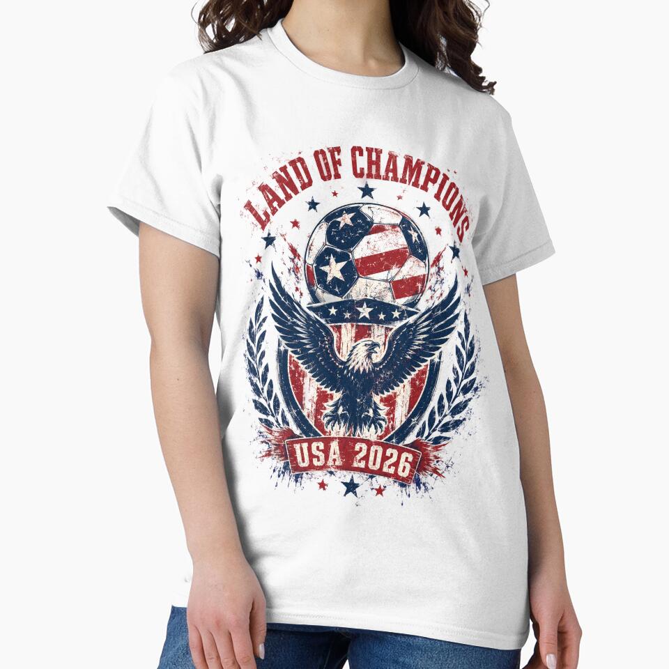 Land of Champions USA 2026 World Cup Soccer T-Shirt by KickoffStudio
