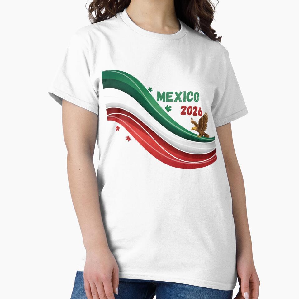 Mexico 2026 Soccer Fan T-shirt & Sticker - Waving Flag with Eagle Design.(Camiseta y Calcomanía México 2026 - Diseño Bandera y Águila para Aficionados al Fútbol) by printeGear