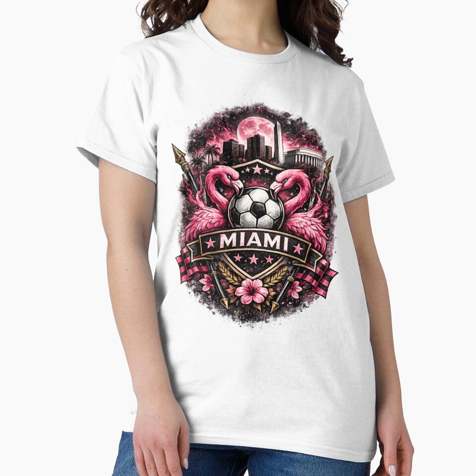 Miami Football Crest Design – Flamingo Soccer Artwork, Pink City Skyline Graphic, Miami Fan Apparel, USA Sports Crest Design by GarnerSupplyCo