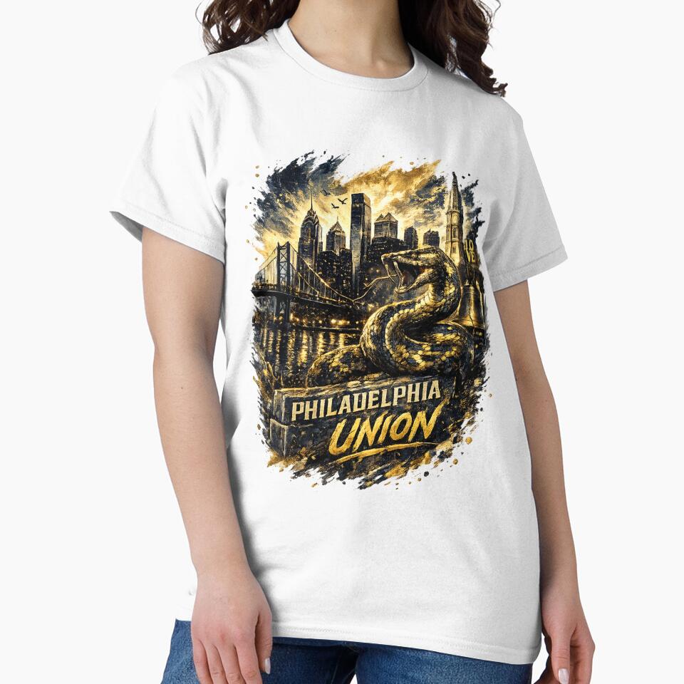 Philadelphia Union Soccer Design Snake Graphic Shirt Philly Skyline Football Fan Art Gold Black Sports Tee Gift for Soccer Lovers by GarnerSupplyCo