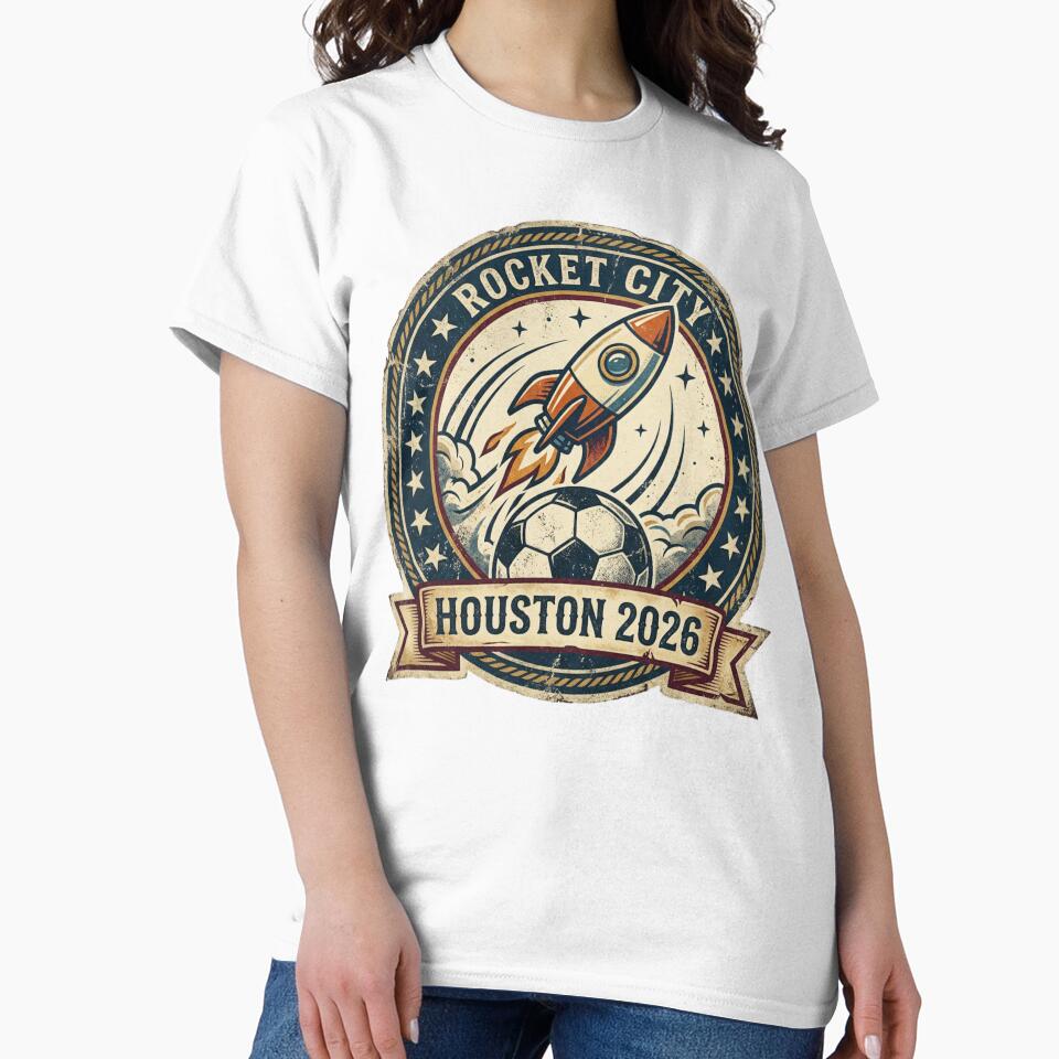 Houston 2026 World Cup Host City Vintage Football Badge — Rocket City Space Soccer Crest Design by BrickByDream