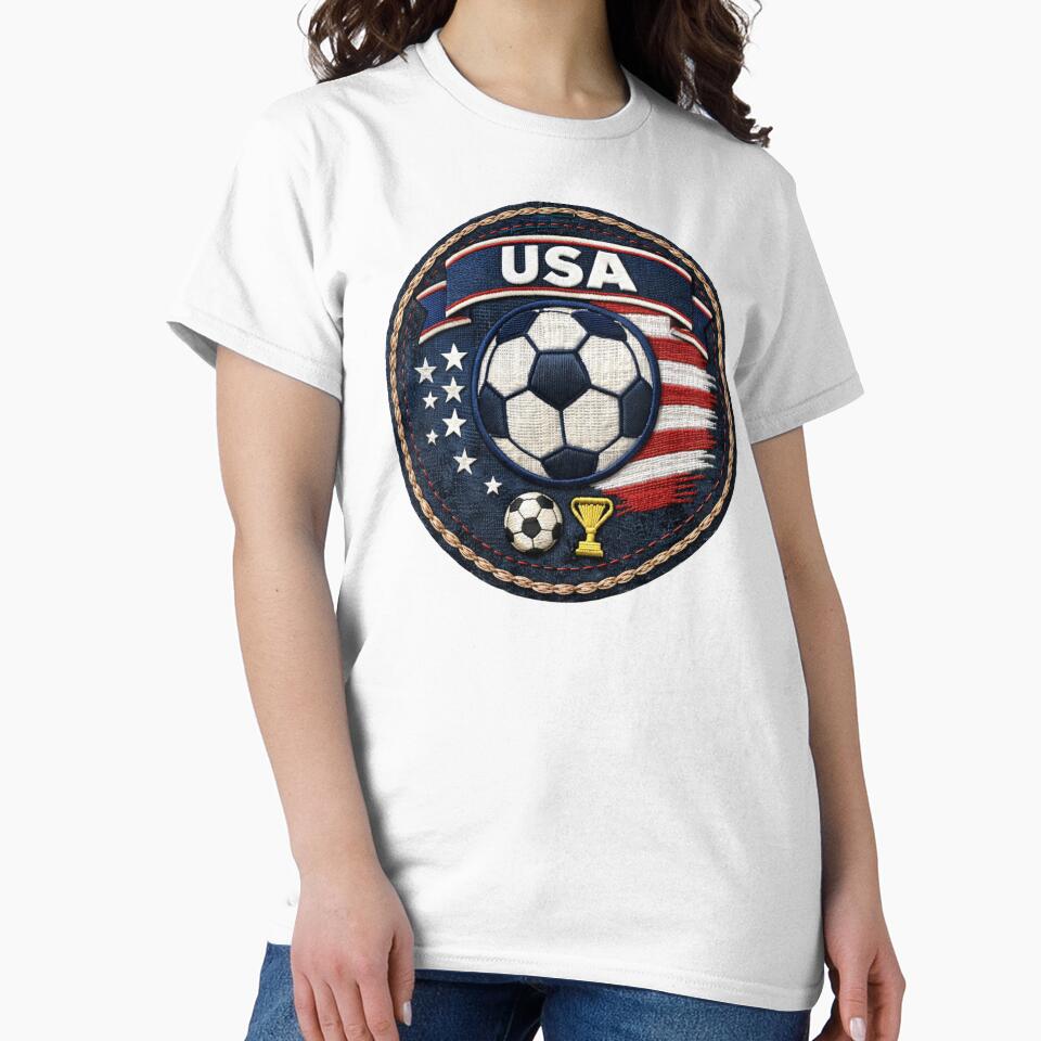 USA Soccer Patch Shirt | American Football Fan Tee | World Cup Style Embroidered Badge Design by Vibe District
