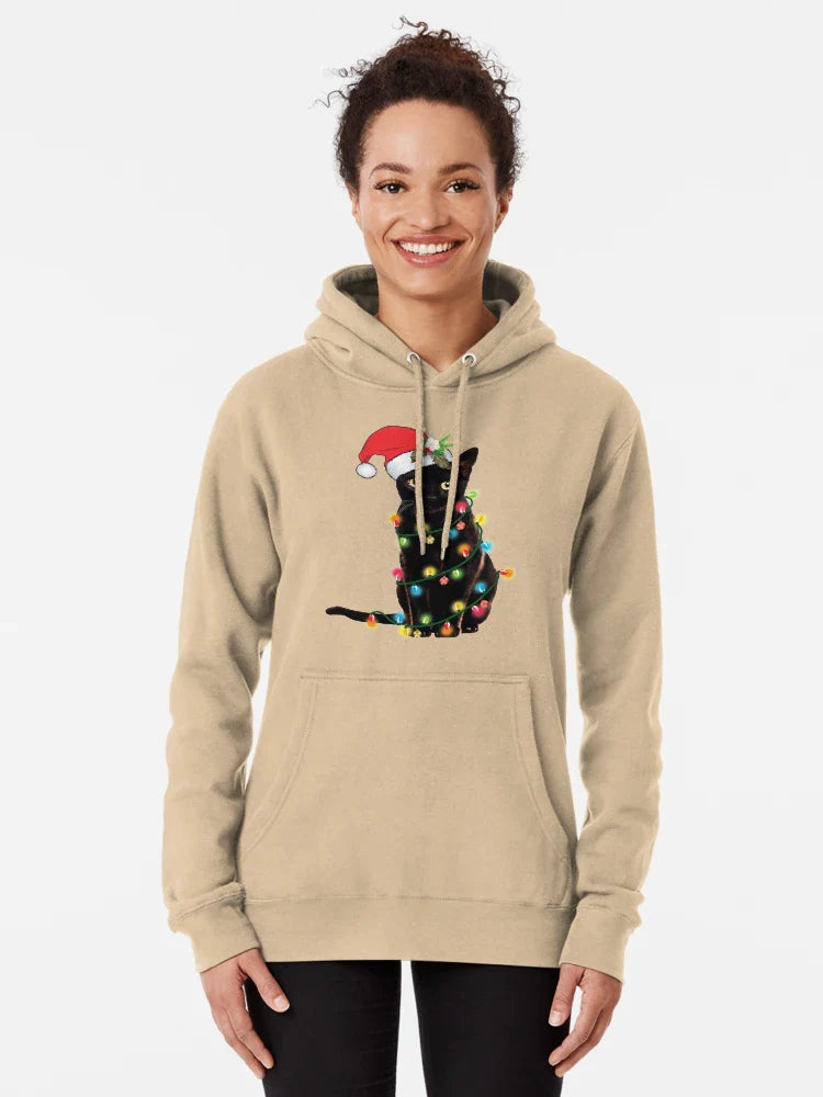 Black Santa Cat Tangled Up In Lights Christmas Santa  Classic T-Shirt