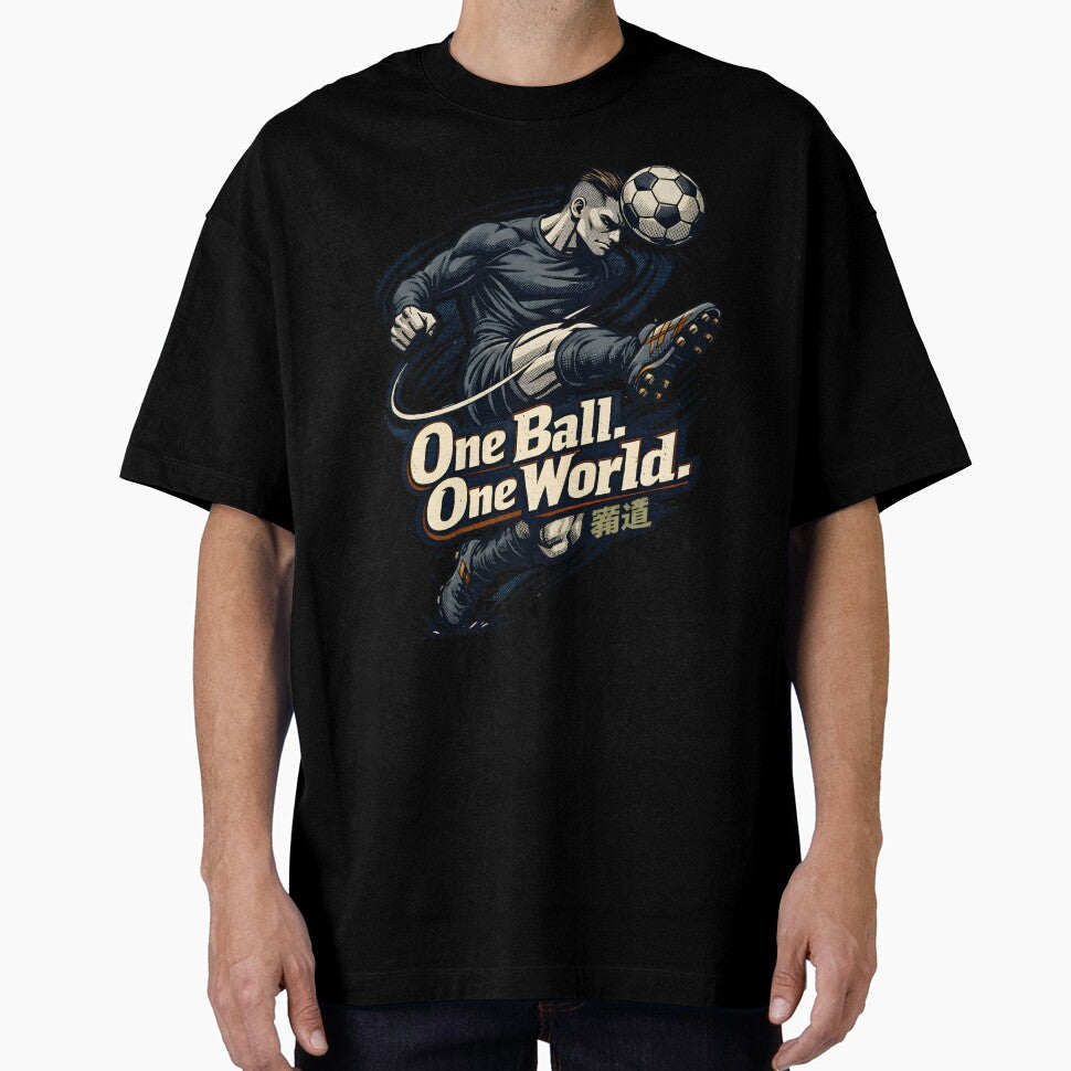 Dynamic Anime Soccer Player Action Art - One Ball One World Global Football Unity Illustration - Intense Striker Mid-Air Kick Manga Style Graphic - Sport Motivation and World Cup Spirit by Vivaan Studio