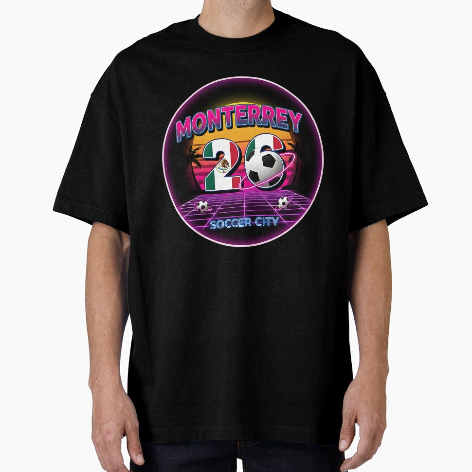 Monterrey 2026 Retro Synthwave Soccer City Logo by Silent Watch Threads.